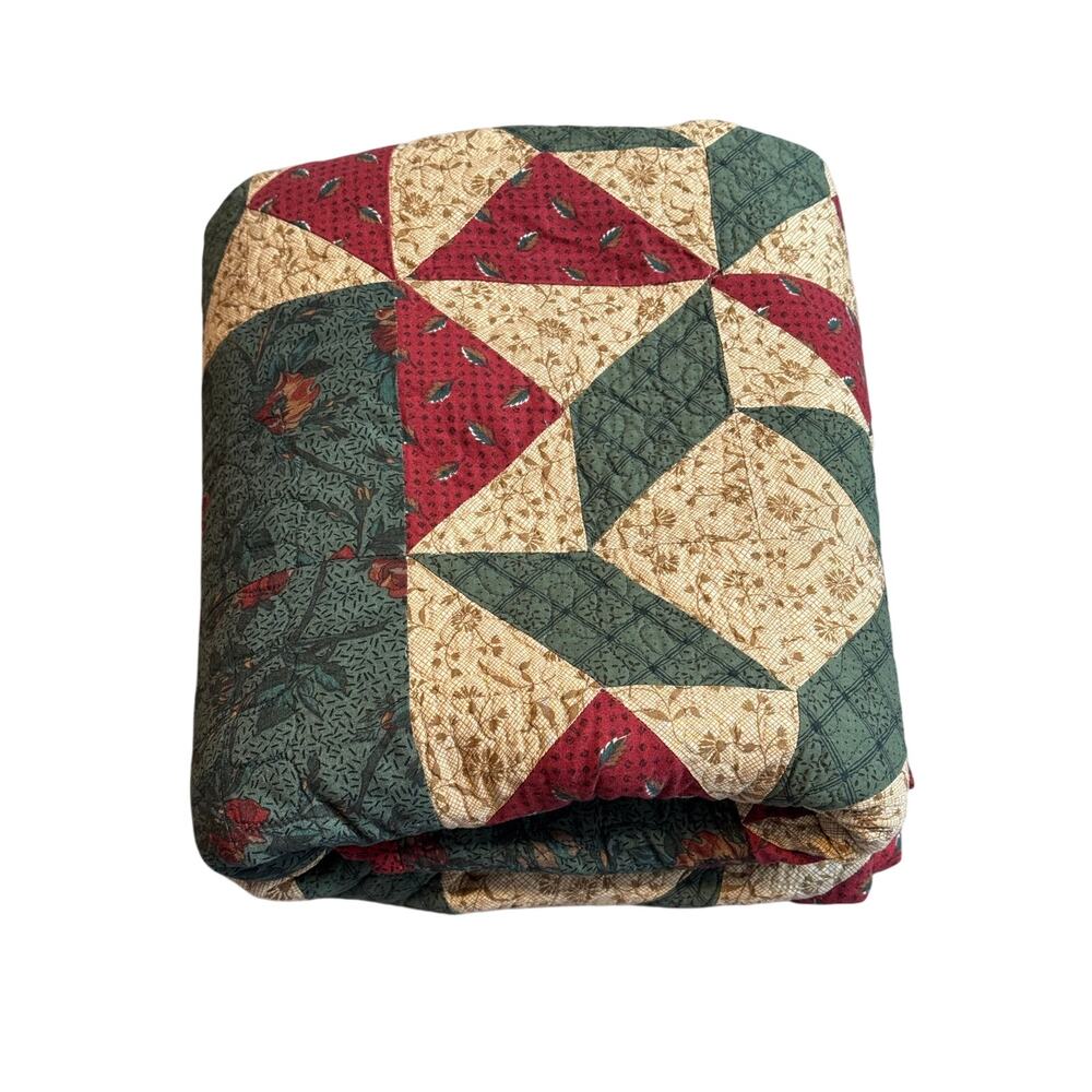 Handmade Quilt Vintage Cottage Farmhouse Cabin Fall Florals Red Green Pinwheels